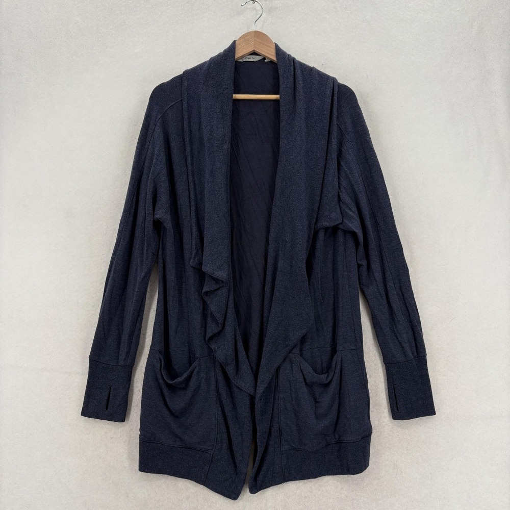 Athleta Pranayama Studio Wrap Jacket Womens L Navy Blue Modal Thumbholes Yoga